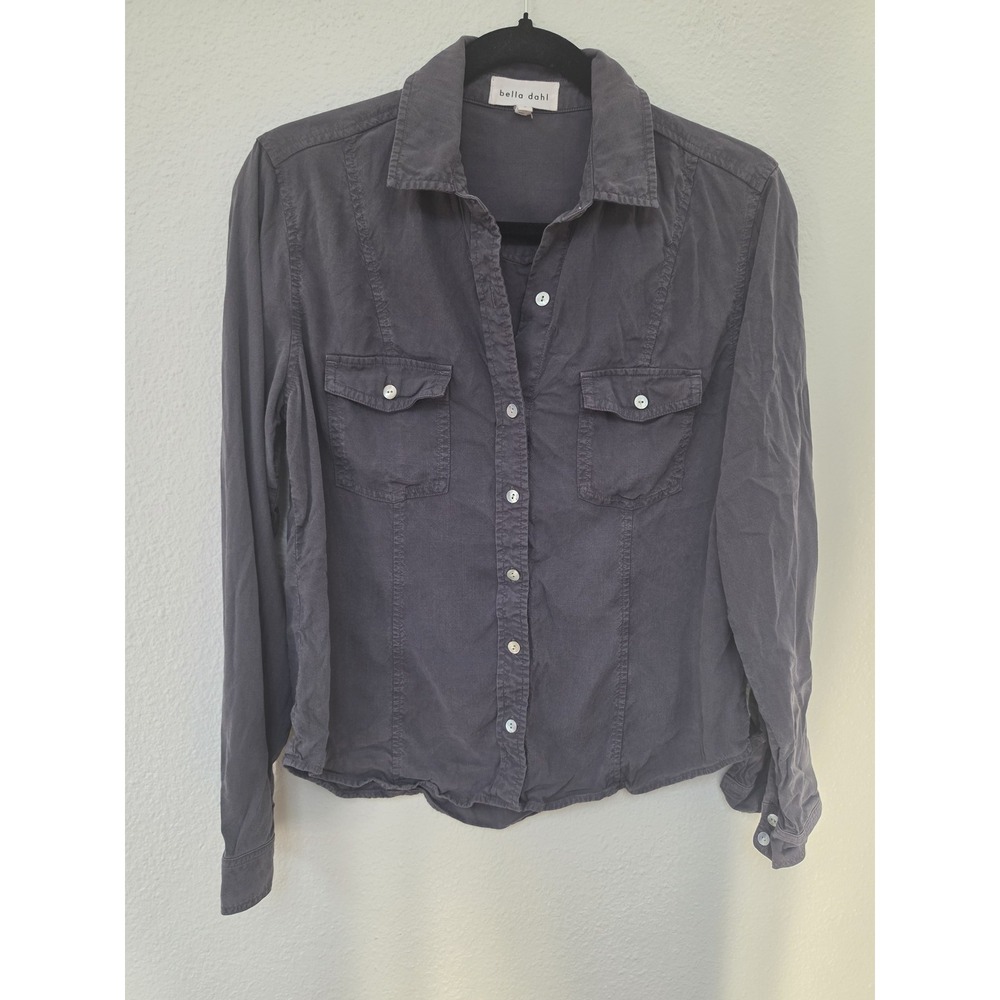 Bella Dahl Women S Collared Long Sleeve Button-Up Shirt Dark Grey Solid Top